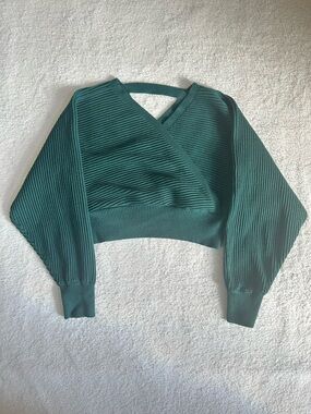 Green ribbed mock wrap crop sweater 💚